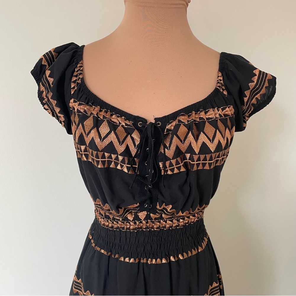 Coocu Resorts Greek Black Bronze Embroidered Corset Maxi Beach Dress EUC Size S - Picture 7 of 12